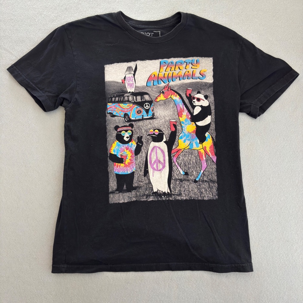 Riot Society Party Animals Graphic T-Shirt Black Mens Medium Short Sleeve Cotton
